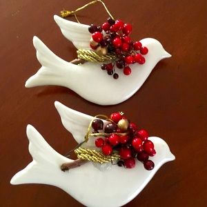 Bundle of 2 vintage ceramic bird ornaments with berry embellishments